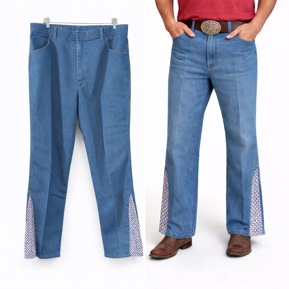 Wrangler Mens Denim Custom Bell Bottom Jeans 42x30 Vintage 70s Style Handmade